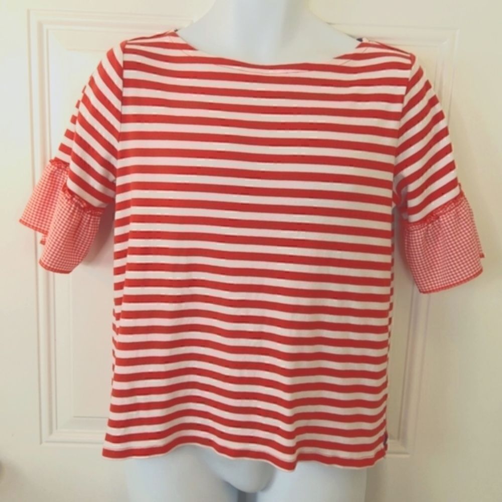 Raffaella red and white striped shirt short sleeves with gingham Bell flare